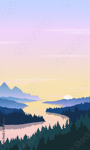 Vector illustration of mountain forest valley with river view  beautiful sunset in the mountains.