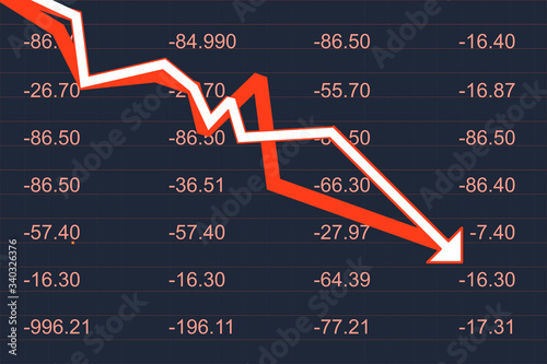 Red arrow going down in front of numbers. Concept representing stock market crash.