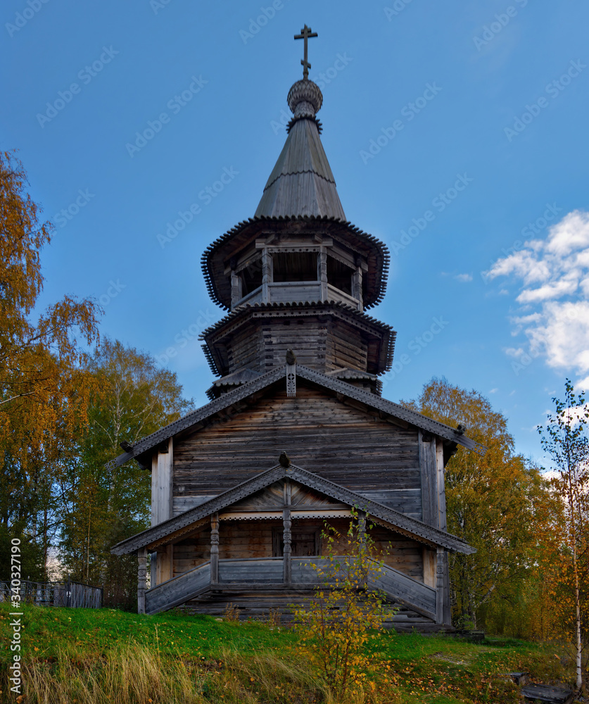 Russia. Karelia. Ancient Orthodox Church on the shore of lake Ladoga, built of wood without a single nail