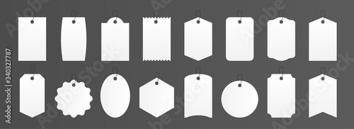 Price tags. Realistic square and round gift box labels, white blank luggage sticker mockup. Vector illustration paper product label for shop in different shapes, isolated set photo