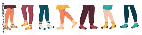 Legs in socks. Hand drawn male and female foot with funny doodle colored socks, trendy apparel set. Vector illustration fashion collection trendy children clothes