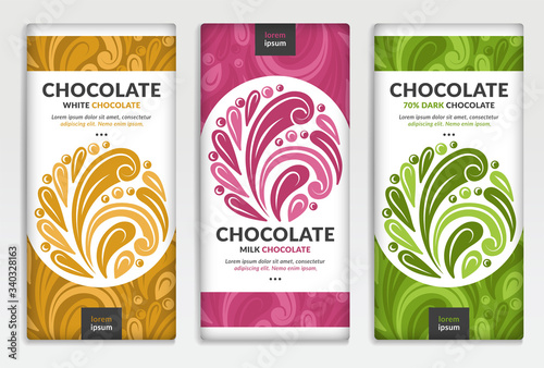 Colorful packaging design of chocolate bars. Vintage vector ornament template. Elegant, classic elements. Great for food, drink and other package types. Can be used for background and wallpaper.