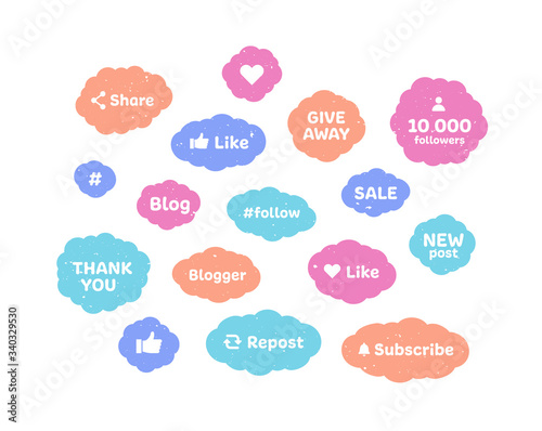 Social media icon set. Pastel color post and banner template concept. Vector flat illustration. Group of cloud shape symbol useful for blogger. Design element for banner, button, ui.