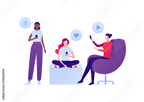 Fototapeta Naklejka Na Ścianę i Meble -  Social media blogger and telework concept. Vector flat person illustration. Group of female with smartphones and talk bubbles. Like and smile sign. Design element for banner, ui, poster, ad.