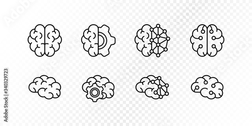 Neurology science, human brain research concept. Vector flat illustration icon set. Collection of simple outline brain sign. Design element for medical banner, web ui, psychology infographic, ai tech.