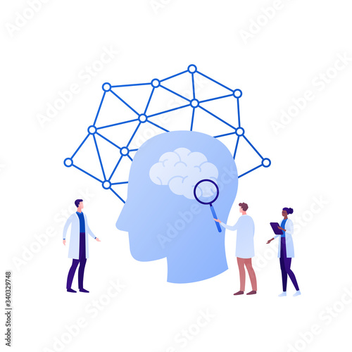 Neurology science and brain research concept. Vector flat person illustration. Group of multiethnics scientist and human head sign. Design element for medical banner, web ui, psychology infographic.
