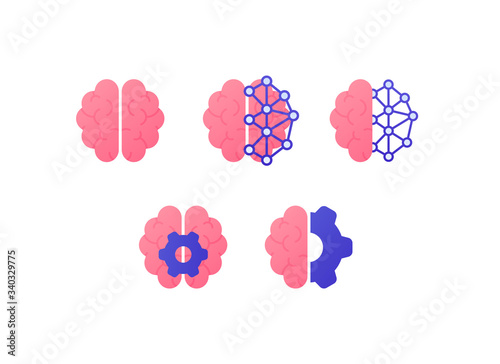 Neurology science, human brain research concept. Vector flat illustration icon set. Color half of brain sign with gear. Design element for medical banner, web ui, psychology infographic, ai tech