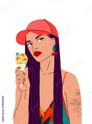 Portrait of a beautiful woman in a cap  with long hair  in a bright sundress  holding an ice cream. Summer concept. The confident girl isolated on a white background.