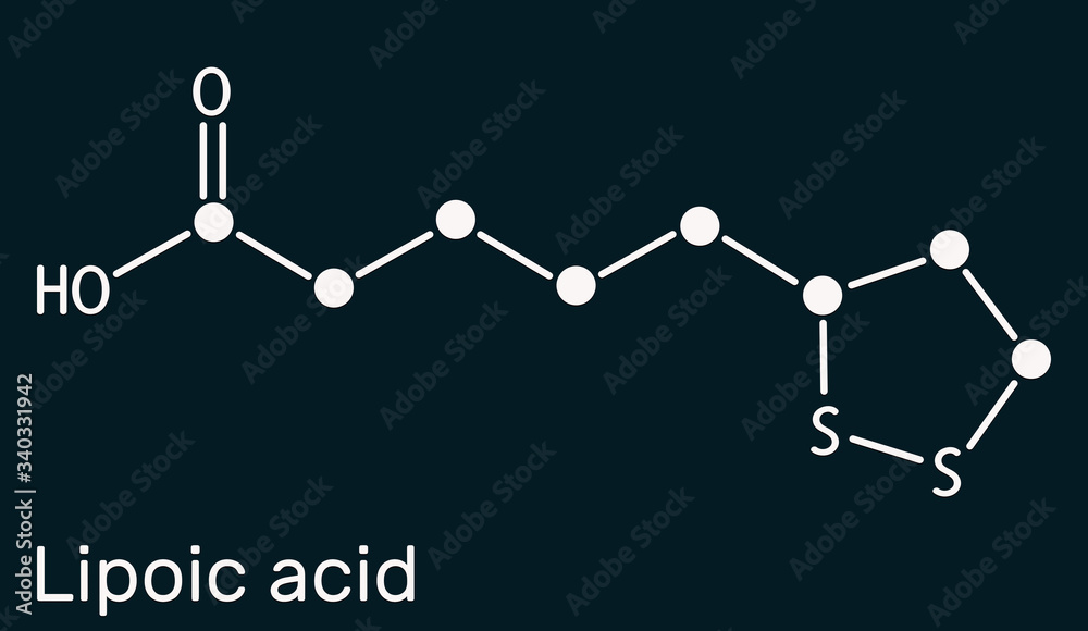 Lipoic acid, LA, ALA, alpha lipoic, thioctic acid, lipoate molecule. It is organosulfur compound, vitamin-like antioxidant, enzyme cofactor. Skeletal chemical formula. Dark blue background Lipoic acid, LA, ALA, alpha lipoic, thioctic acid, lipoate molecule. It is organosulfur compound, vitamin-like antioxidant, enzyme cofactor. Skeletal chemical formula. Dark blue background