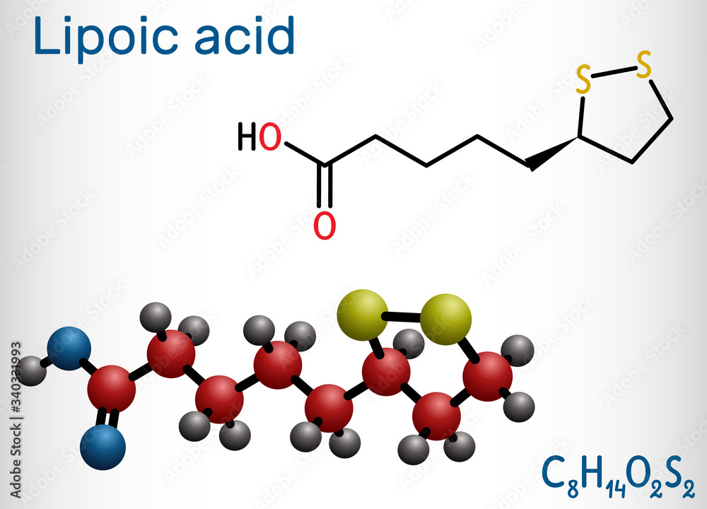 Lipoic acid, LA, ALA, alpha lipoic, thioctic acid, lipoate molecule. It ...