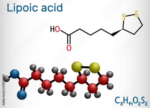 Lipoic acid, LA, ALA,  alpha lipoic, thioctic acid, lipoate molecule. It is organosulfur compound, vitamin-like antioxidant, enzyme cofactor. Structural formula, molecule model