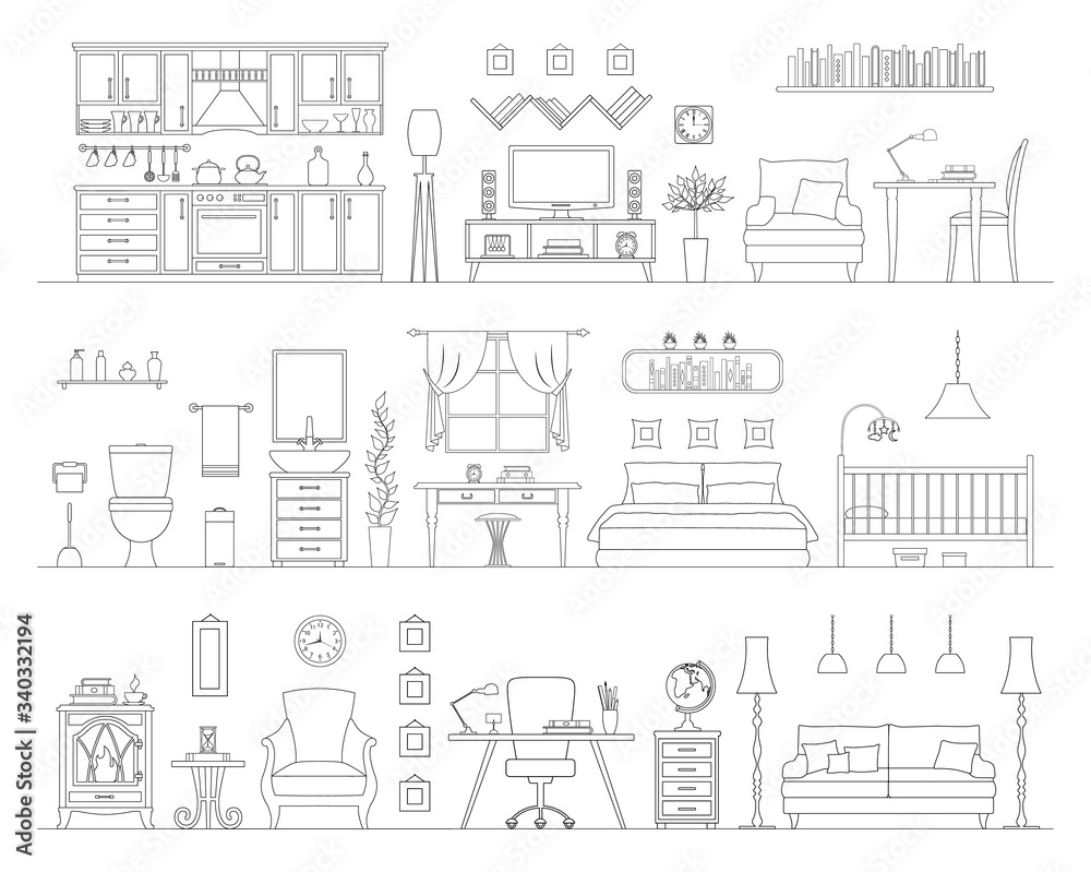 Horizontal panorama of the interior furnished with various furniture. Vector illustration in a linear style. Room with outline furniture silhouettes. Scheme of interior items.