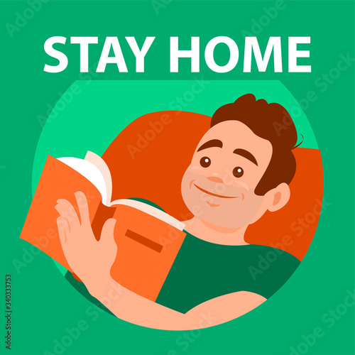 The young man remains at home during quarantine. Read book. Vector round cartoon illustration with text.