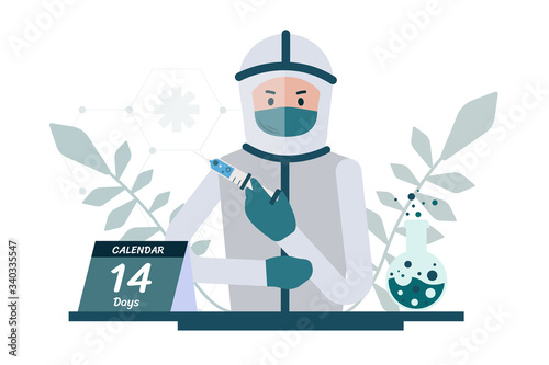 A man wearing hazmat suits detects himself in the house to prevent the spread of the corona virus.Concept of covid19 quarantine.