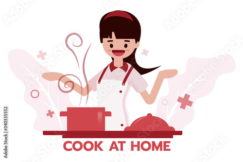 A woman cooking food by herself at home.Concept of covid19 quarantine.