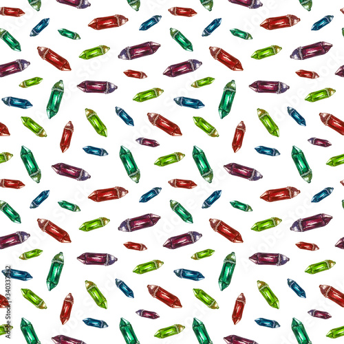 Seamless watercolor pattern with colored crystals. Print, textile. Packaging.