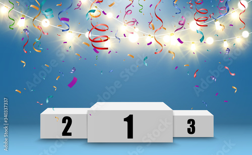 Winner background with signs of first, second and third place on a round pedestal. Vector winner podium sports symbols.