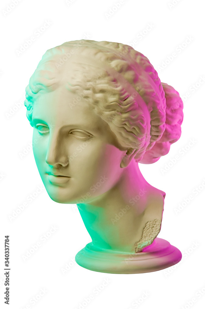 Statue of Venus de Milo. Creative concept colorful neon image with ancient greek sculpture Venus or Aphrodite head. Webpunk, vaporwave and surreal art style. Pink and green duotone effects.