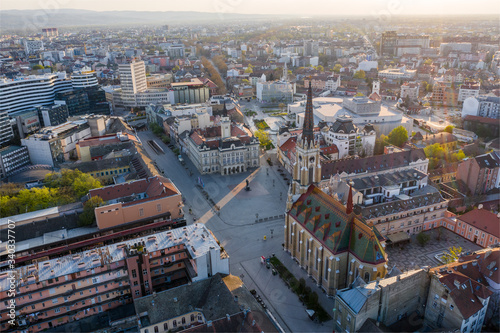 Aerial view of empty downtown during lock-down for preventing Corona virus spread in Novi Sad, Serbia 