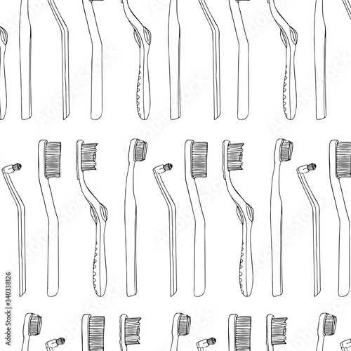 Seamless pattern set toothbrush in a row personal products daily oral hygiene. Abstract design for paper, cover, fabric, decor, other users. Vector flat doodle realistic black outline white background