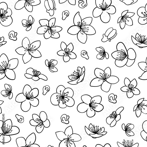 Spring blossom flowers black line isolated vector seamless pattern