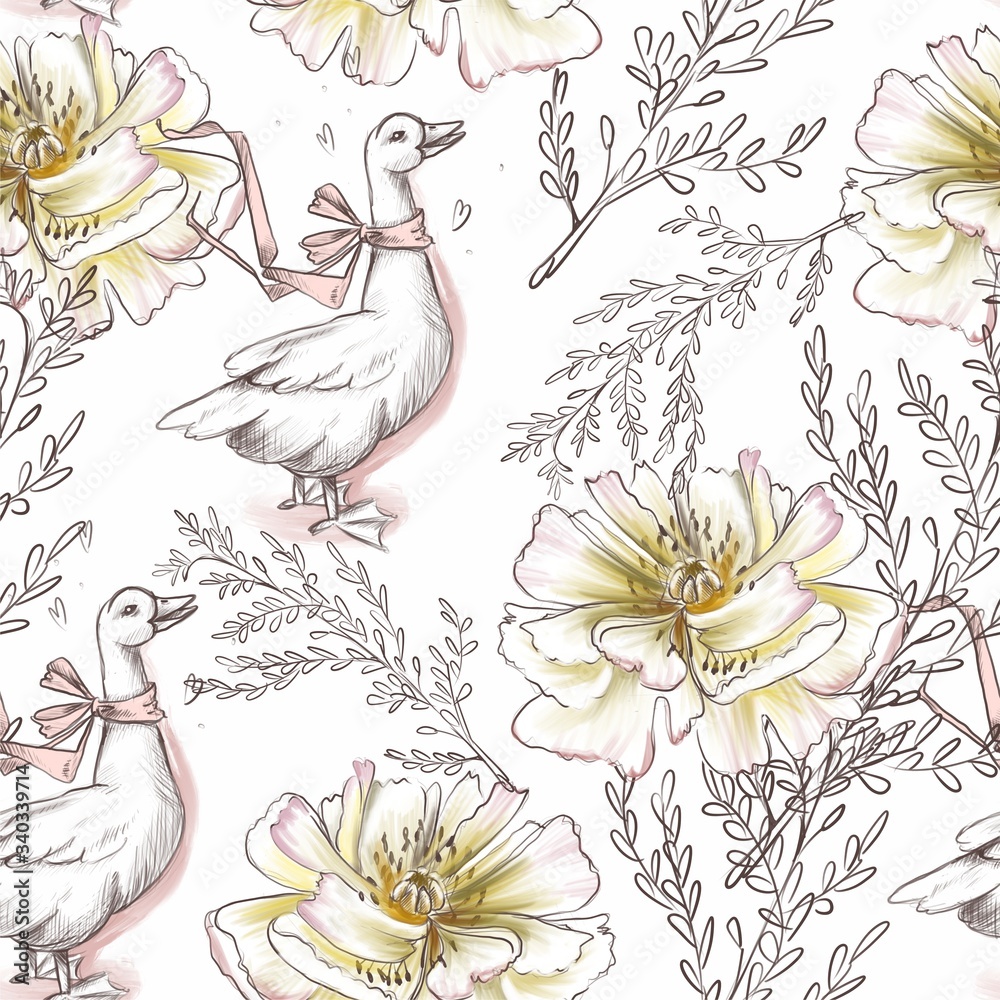 Fototapeta premium Flowers seamless pattern. field. white background. peonies. leaves. bird. goose. tape. pink