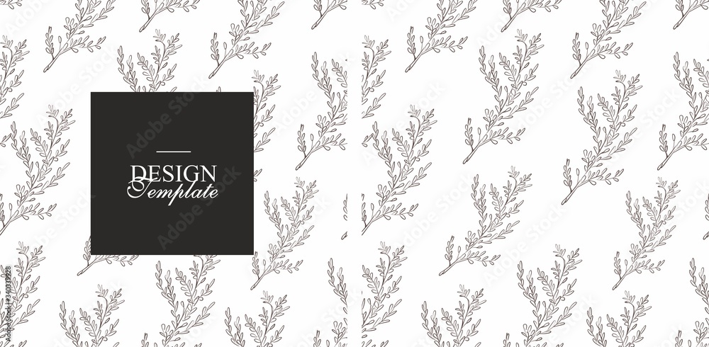 Obraz premium Patern flowers on a white background black graphics leaves and a black window for the text of the sale or invitation. The template is elegant and stylish
