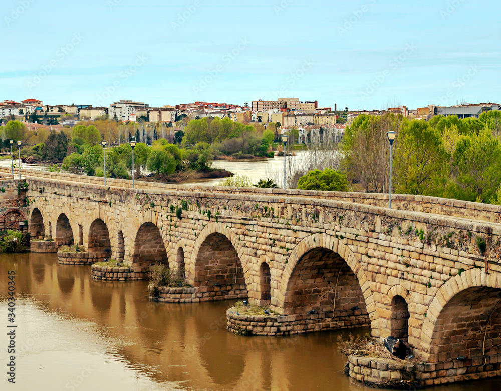 Roman bridge on the Guadiana river in the spanish town of Merida