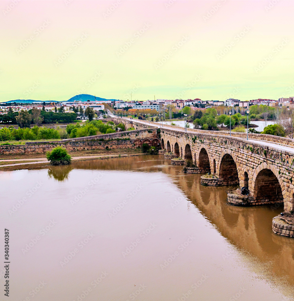 Roman bridge on the Guadiana river in the spanish town of Merida