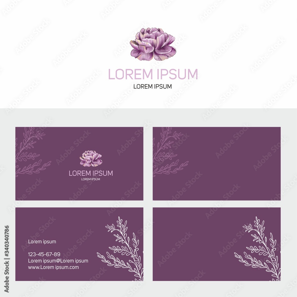 Flowers logo and business card set on a lilac background with flowers
