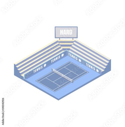 tennis court, synthetic hard cover, blue isometric platform, vector illustration, game of tennis. Open area. Wimbledon