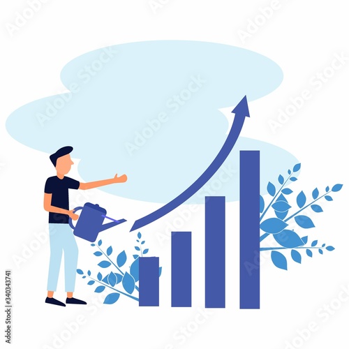Entrepreneurs are holding a water tank near a graph ladder that continues to climb. Personal investment and the concept of retirement savings. Modern vector illustration.