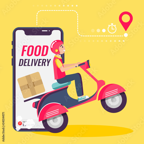 Online delivery service , online order tracking, delivery home and office. Scooter delivery. Shipping. Man on the bike. Vector illustration