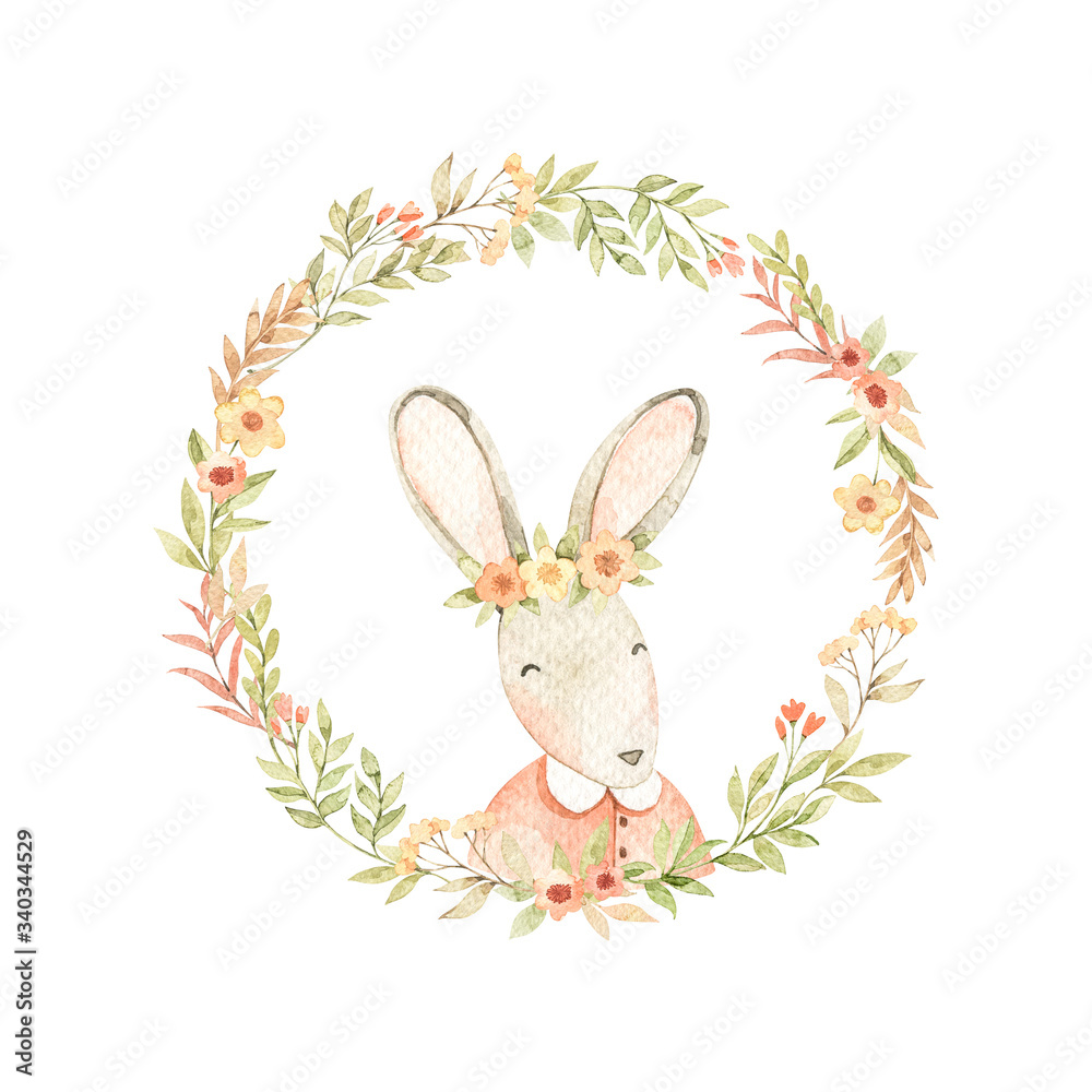 Cute bunny with flowers. Watercolor botanical wreath with field flowers, branches, green leaves. Baby rabbit. Floral design elements. Perfect for invitations, cards, frames, posters, packing