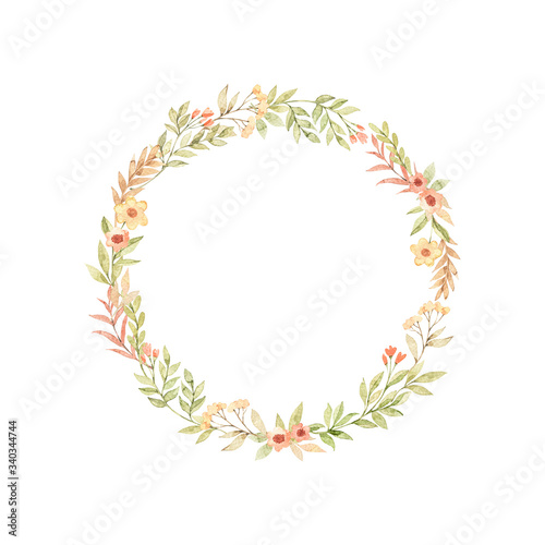 Watercolor botanical wreath with cute flowers, branches, green leaves. Greenery and Field flowers. Floral design elements. Perfect for wedding invitations, cards, frames, posters, packing