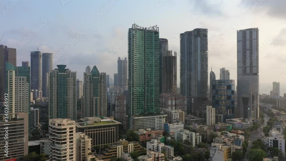 Aerial drone cinematic motion footage of Mumbai Skyline / skyscrapers on a cloudy day (Worli & Prabhadevi)