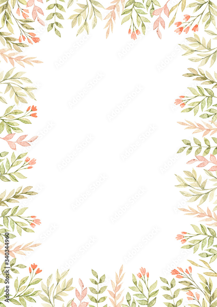 Watercolor botanical frame with cute flowers, branches, green leaves. Greenery and Field red flowers. Floral design elements. Perfect for  invitations, cards, frames, posters, packing