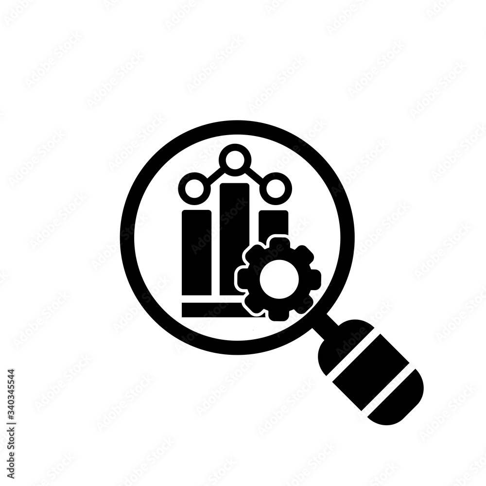 Magnifying glass or magnifier with performance icon, chart, progress and gear in black simple design on an isolated background. EPS 10 vector.