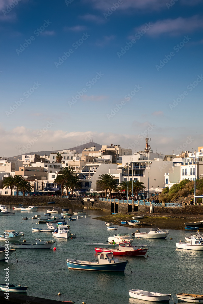 Fisher boats at the laguna Charco de San Gines, city of Arrecife, Lanzarote, Canary Islands