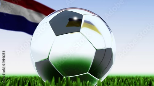 Seamless looping 3d animation of a soccer ball reflecting the flags of Ukraine and Netherlands in 4K resolution