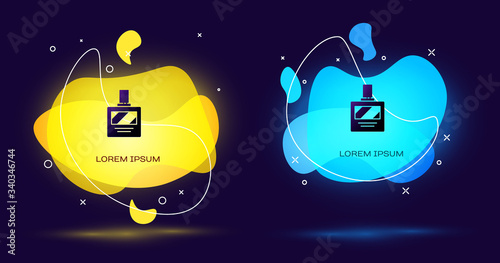 Black Aftershave icon isolated on black background. Cologne spray icon. Male perfume bottle. Abstract banner with liquid shapes. Vector Illustration