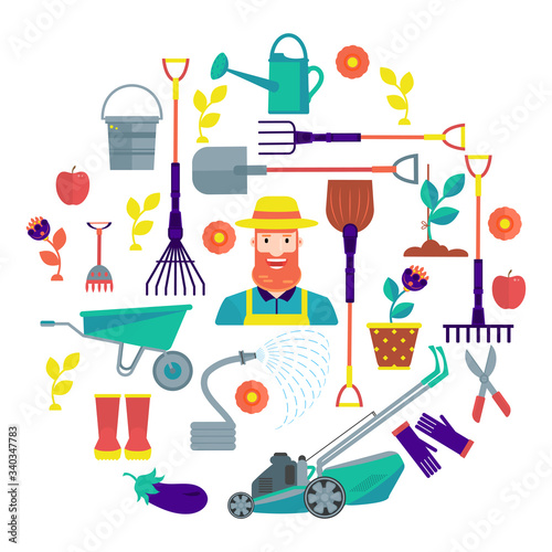 Gardener character with a toolbox . Illustration.