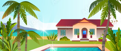 Tropical view with luxury villa, pool, backyard, palms, beach,tropical plants. Summer exotic banner with seaside elite bungalow. Paradise vacation concept in flat style. For travel and rental agencies