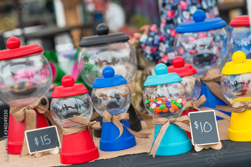 Handmade Gumball Machines at a City Market
