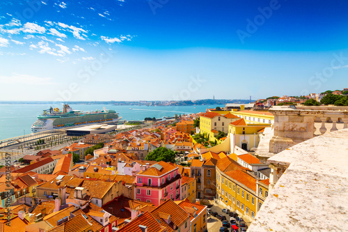 Obraz na płótnie Panorama of historical Alfama district and Tagus River view from National Panteon in Lisbon city, Portugal w salonie