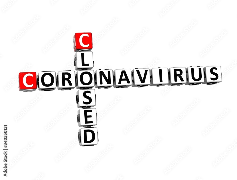 Closed Coronavirus COVID-19. 3D red-white crossword puzzle on white background. Corona Virus Creative Words. Closed Coronavirus COVID-19. 3D red-white crossword puzzle on white background. Corona Virus Creative Words.