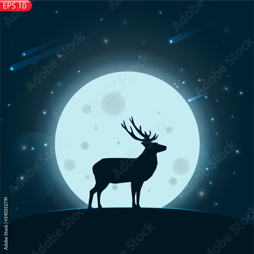 Silhouette of a deer with moonlight and stars. © Максим Славов