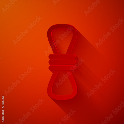 Paper cut Climber rope icon isolated on red background. Extreme sport. Sport equipment. Paper art style. Vector Illustration