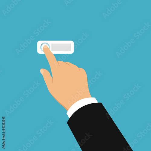 Flat design illustration of hand of salesman or trader. Ringing electric doorbell and going to visit, vector