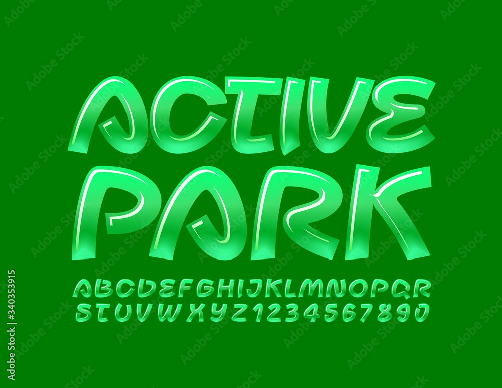 Vector green logo Active Park. Glossy creative Font. Handwritten Alphabet Letters and Numbers Vector green logo Active Park. Glossy creative Font. Handwritten Alphabet Letters and Numbers